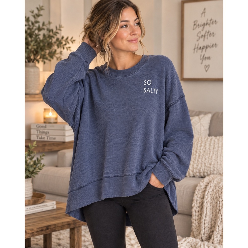 Aerie So Salty Oversized Sweatshirt Blue S High Low Hem Coastal Slouchy Cozy